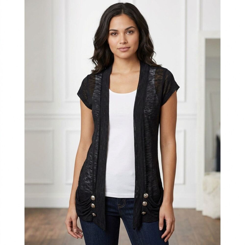 Saywhat? Womens S Black Sheer Knit Cap Sleeve Open Front Cardigan Vest USA Made